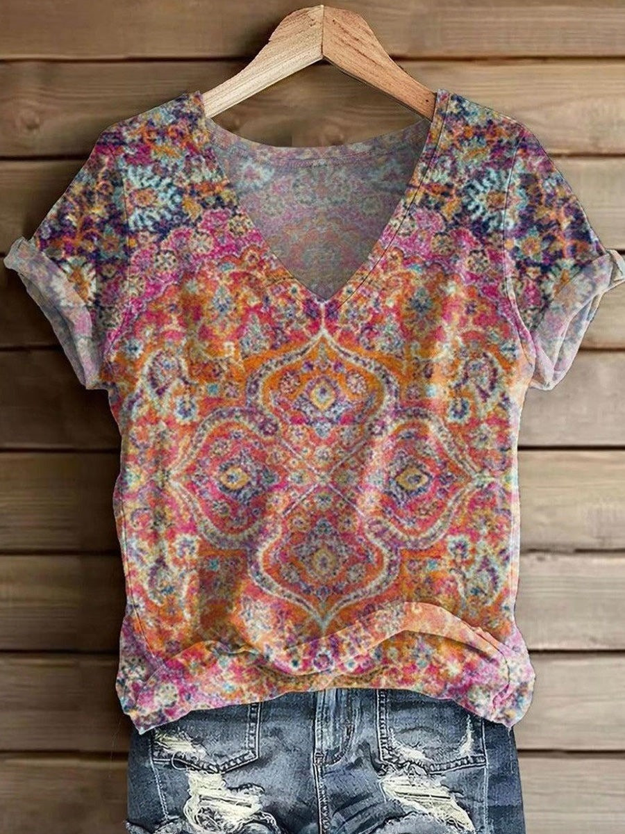 Retro Floral Print V-Neck Short Sleeve T-shirt