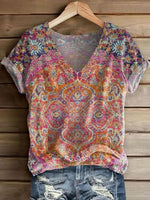 Retro Floral Print V-Neck Short Sleeve T-shirt
