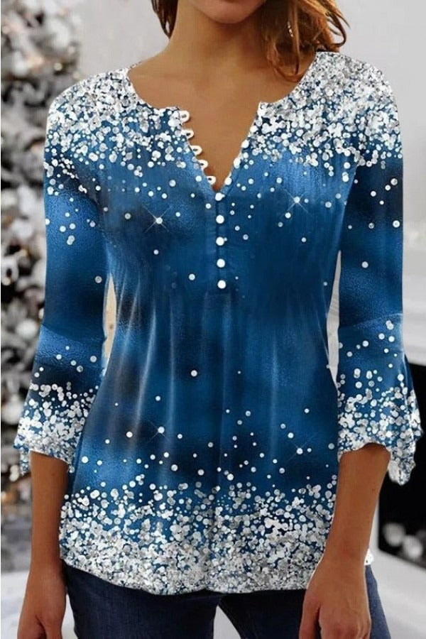 Abstract Print Buttons Scoop Neck 3/4 Sleeves Blouse