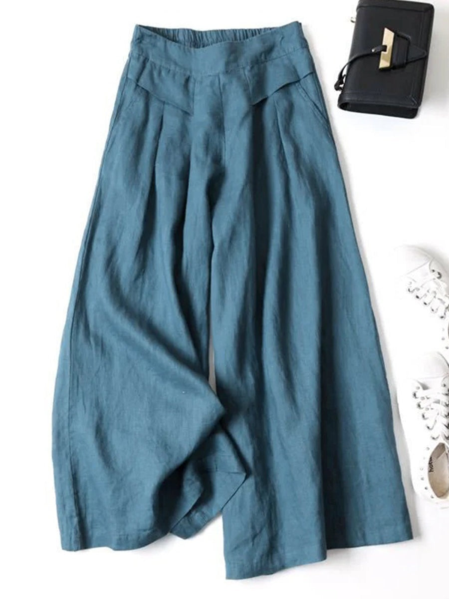Solid Color Elastic Waist Loose Casual Ninth Wide-Leg Pants