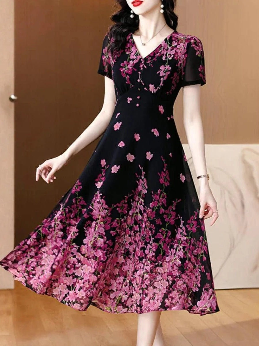 Trendy Floral Print V-Neck Short Sleeve Comfy Elegant Midi Dress