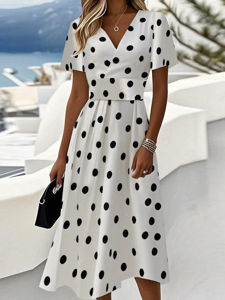 Elegant Polka Dot V-Neck Short Sleeve High Waist Chic Midi Dress