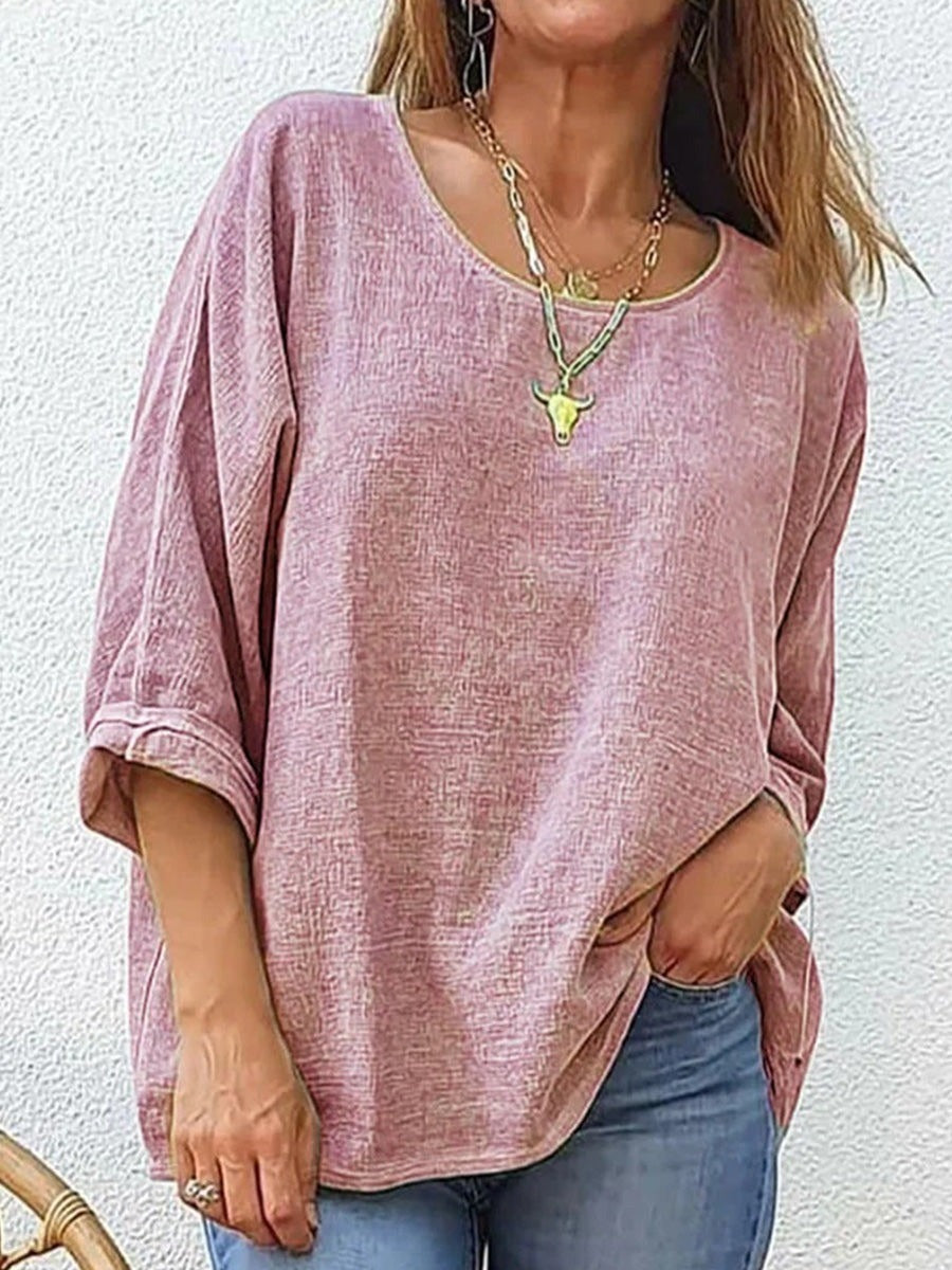 Plain Crew Neck 3/4 Sleeve Casual Loose T-Shirt