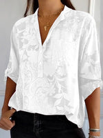 White Floral V-Neck Long Sleeve Loose Casual Blouse