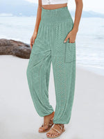 Plain Elastic Waistband Side Pocket Loose Comfy Pants