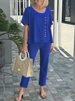 Solid Color Round Neck Button-down Short Sleeve Casual Two Piece Set
