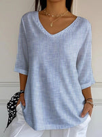 Blue Striped V-neck 3/4 Sleeve Tops