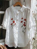 Floral Printed White Lapel Short Sleeve Tops