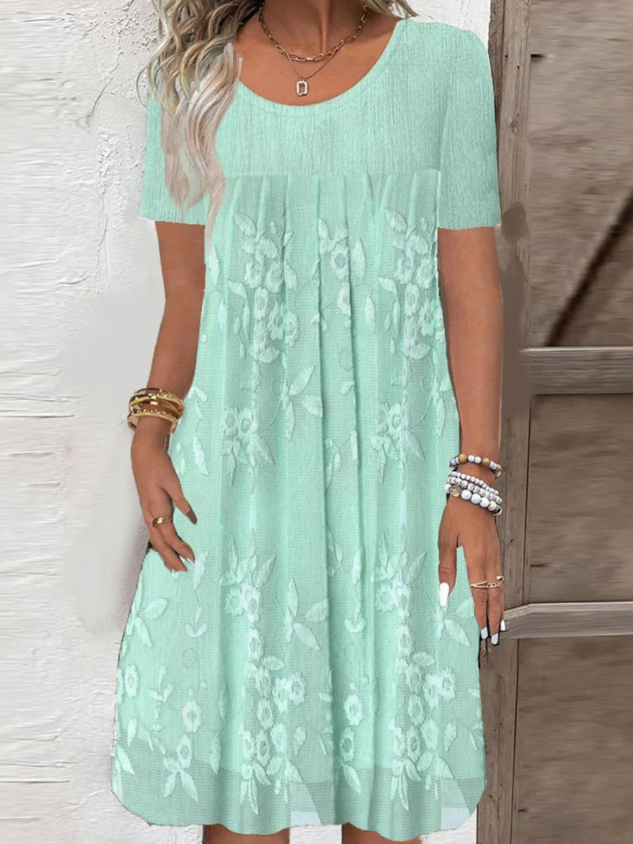 Green Plain Round Neck Short Sleeve Mini Dress