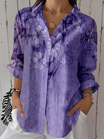 Purple Floral Printed Lapel 3/4 Sleeve Purple Tops