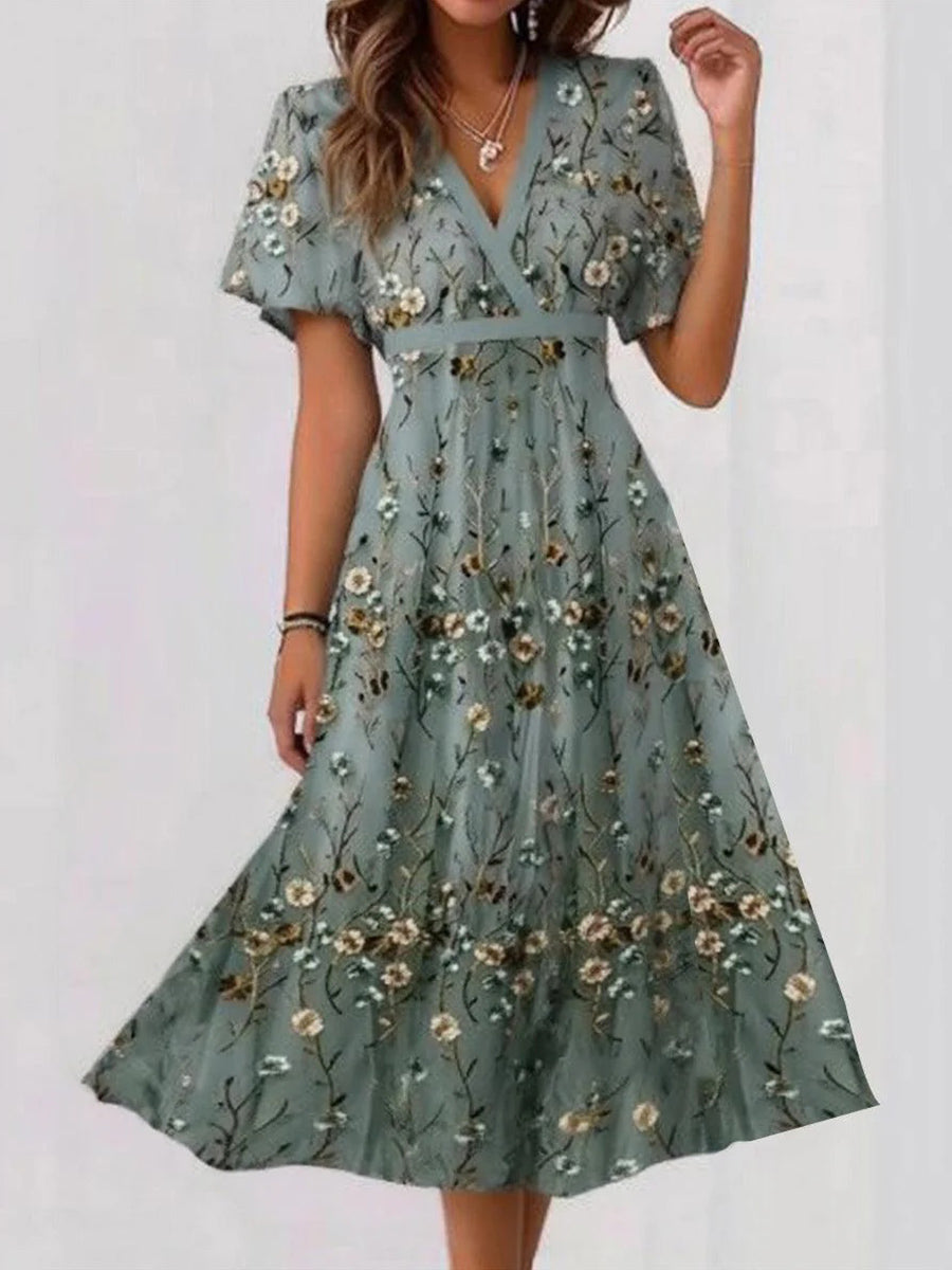 Stylish Floral Print V-neck Short Sleeve Flowy Comfy Midi Dress