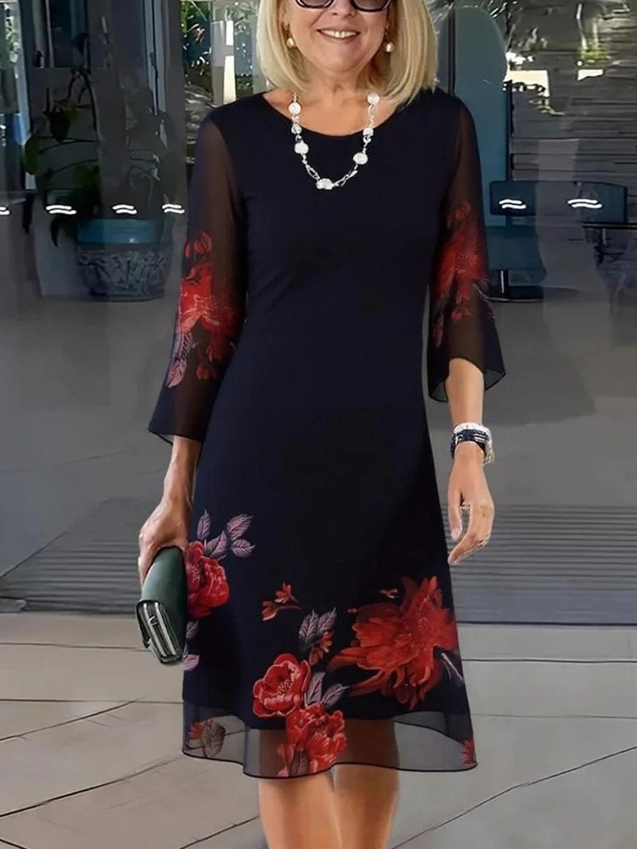 Gorgeous Floral Print Crew Neck 3/4 Sleeve Lightweight Elegant Mini Dress