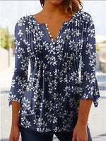 Navy Blue Floral Print V-neck Button-up 3/4 Sleeve Casual Blouse