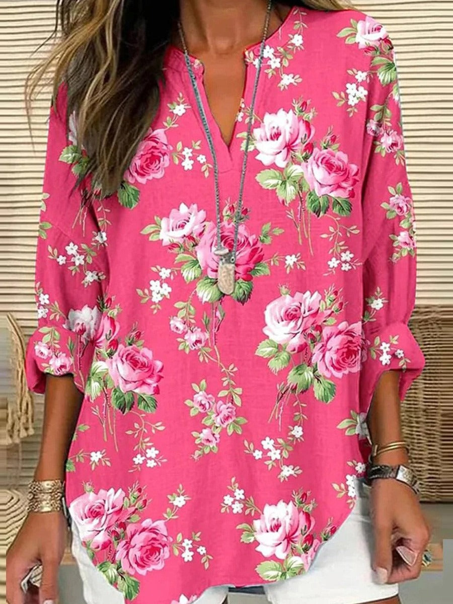 Floral Print V-neck Long Sleeve Tops