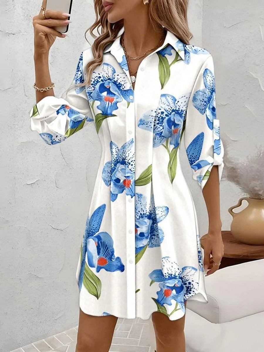 Floral Print V-neck Long Sleeve Mini Dress