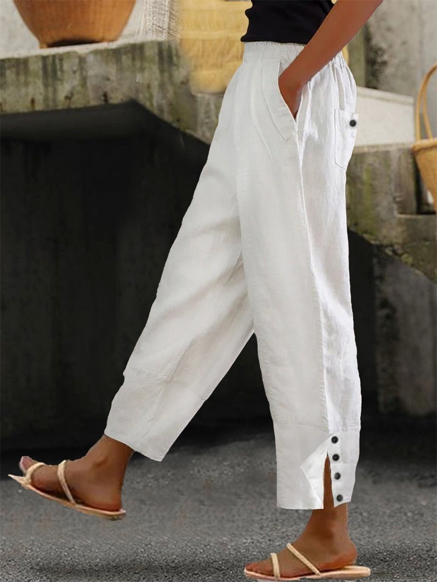 Plain Elastic Waist Buttoned Casual Loose Pants