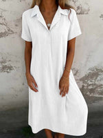 White Plain Stand Collar Short Sleeve Comfy Midi Dress