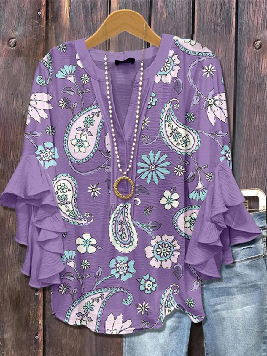 Purple Paisley Print V-neck 3/4 Sleeve Casual Loose Blouse