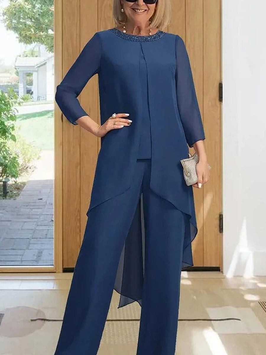 Blue Elegant Round Neck Long Sleeve Lightweight Flowy Two Piece Set