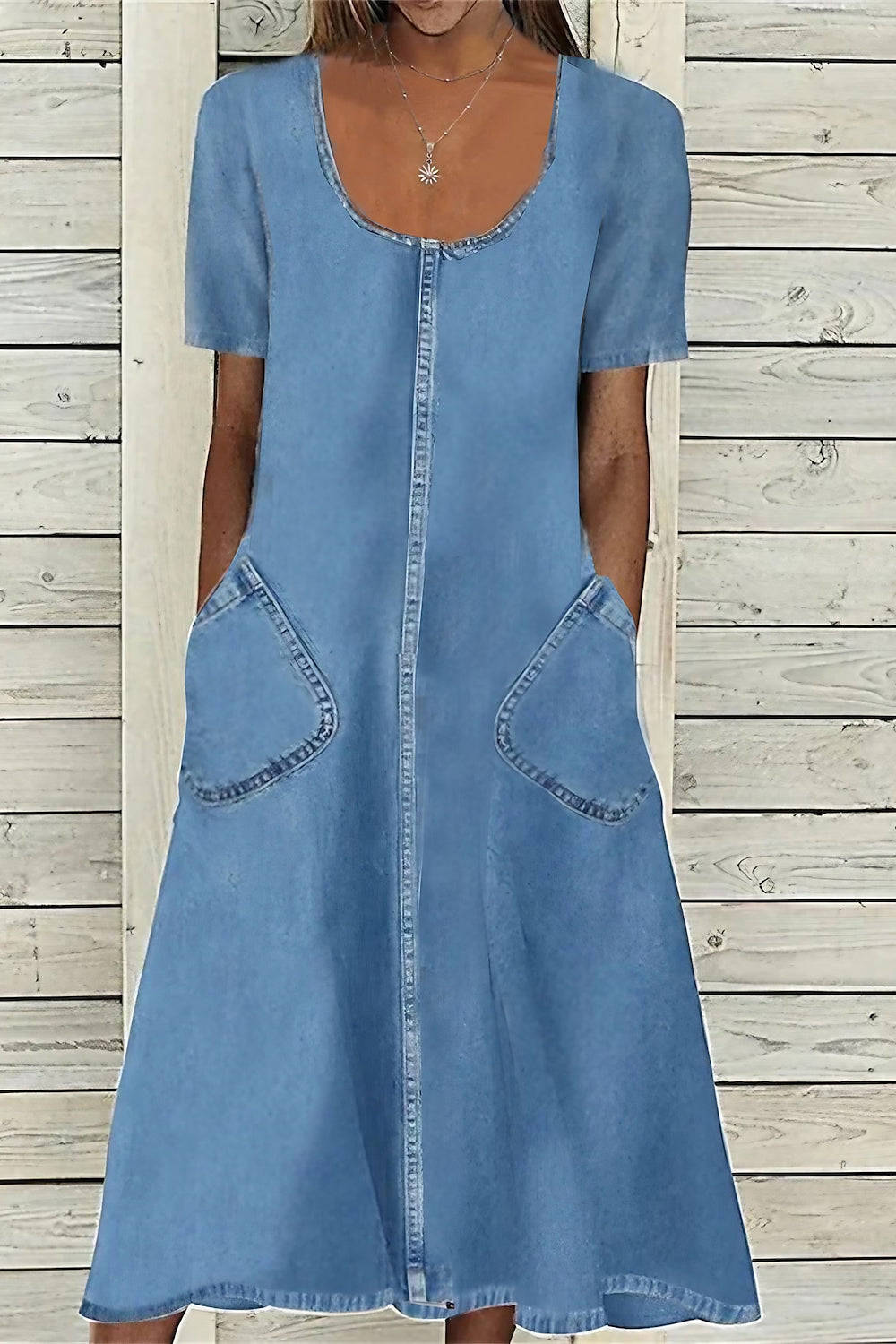 Plain Square Neck Short Sleeve Pocket A-line Casual Midi Dress