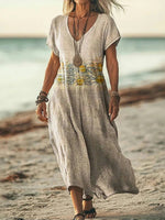 Vintage Floral Print V-neck Short Sleeve Lightweight Vacation Maxi Dress