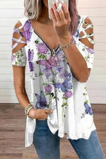 V Neck Casual Graphic Floral Printed White Cutout Short Sleeve Blouse