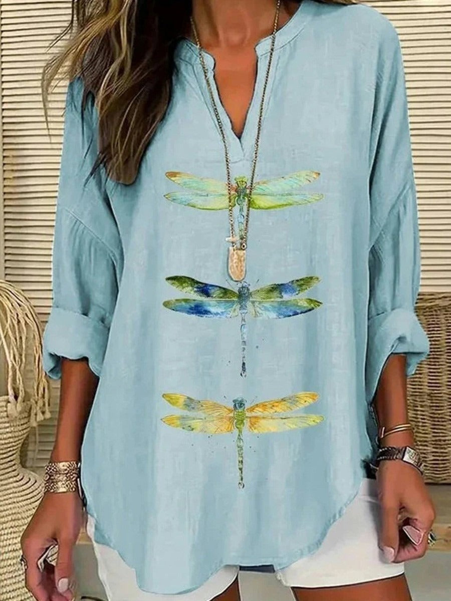 Dragonfly Print V-neck Long Sleeve Loose Daily Blouse