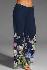 Dark Blue Floral Printed Wide Leg Casual Pants