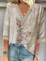 Floral Print V-neck 3/4 Sleeve Tops