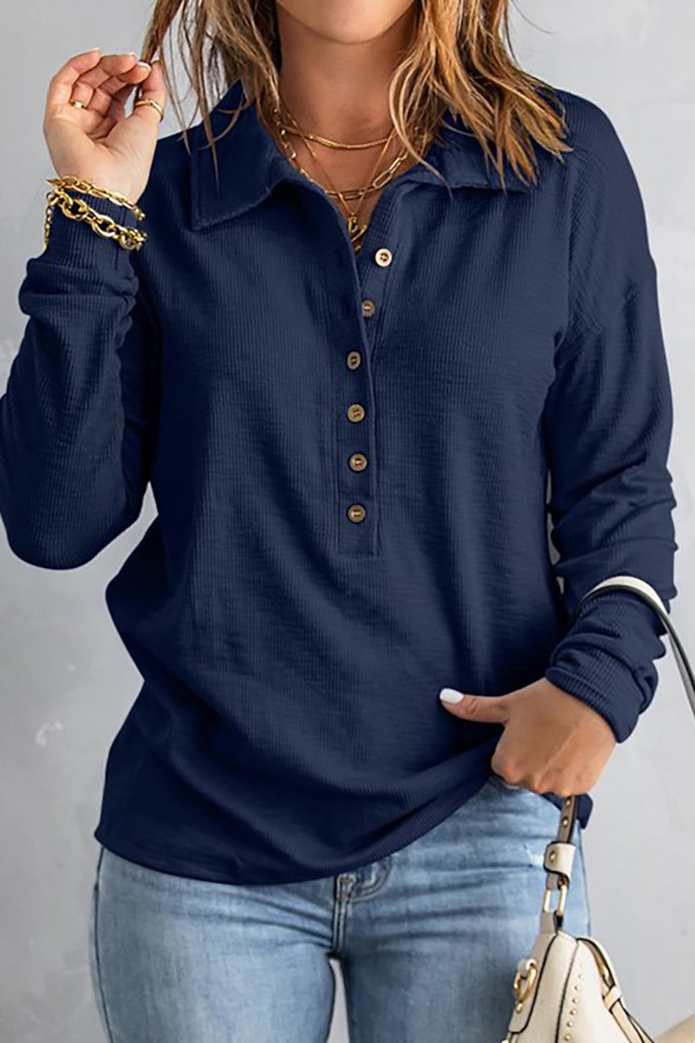 Solid Color Shirt Collar Long Sleeve Button Casual Blouse