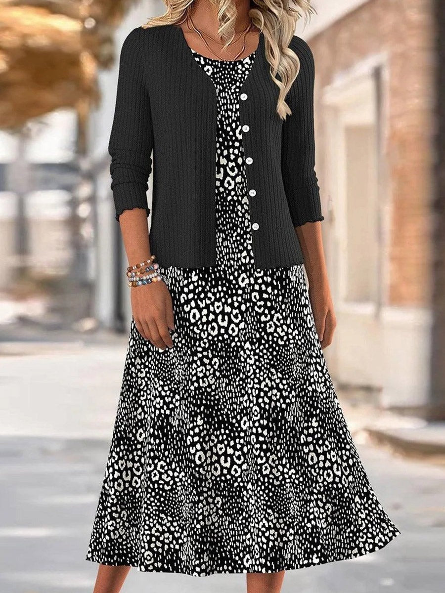 Unique Floral Print Round Neck Long Sleeve Casual Midi Dress