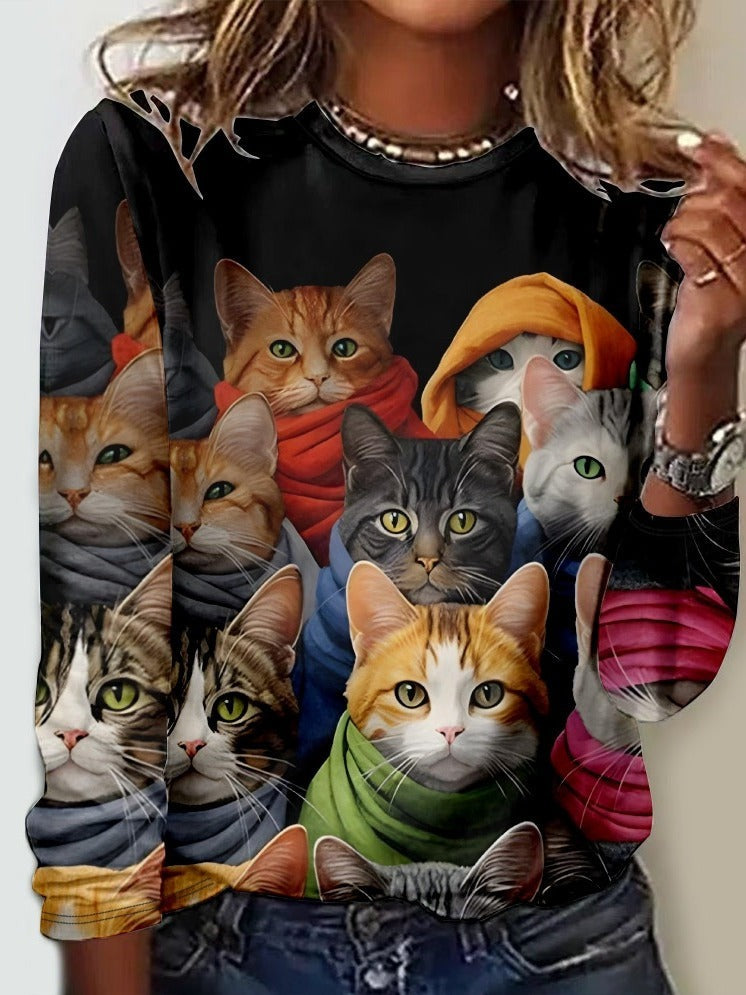 Black Cute Cats Printed Crew Neck Long Sleeve Casual Blouse