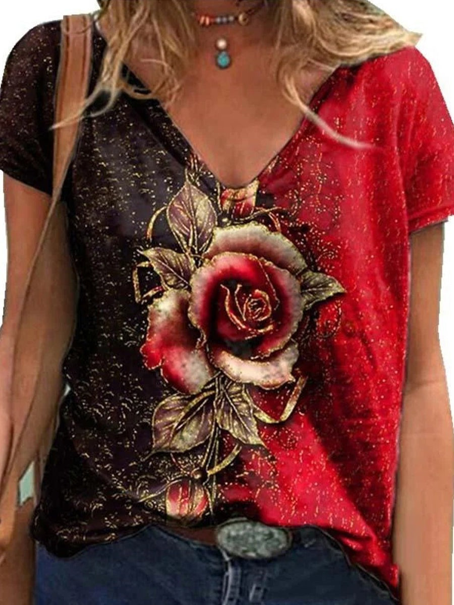Floral Print V-neck Short Sleeve Casual Loose T-shirt