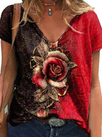 Floral Print V-neck Short Sleeve Casual Loose T-shirt