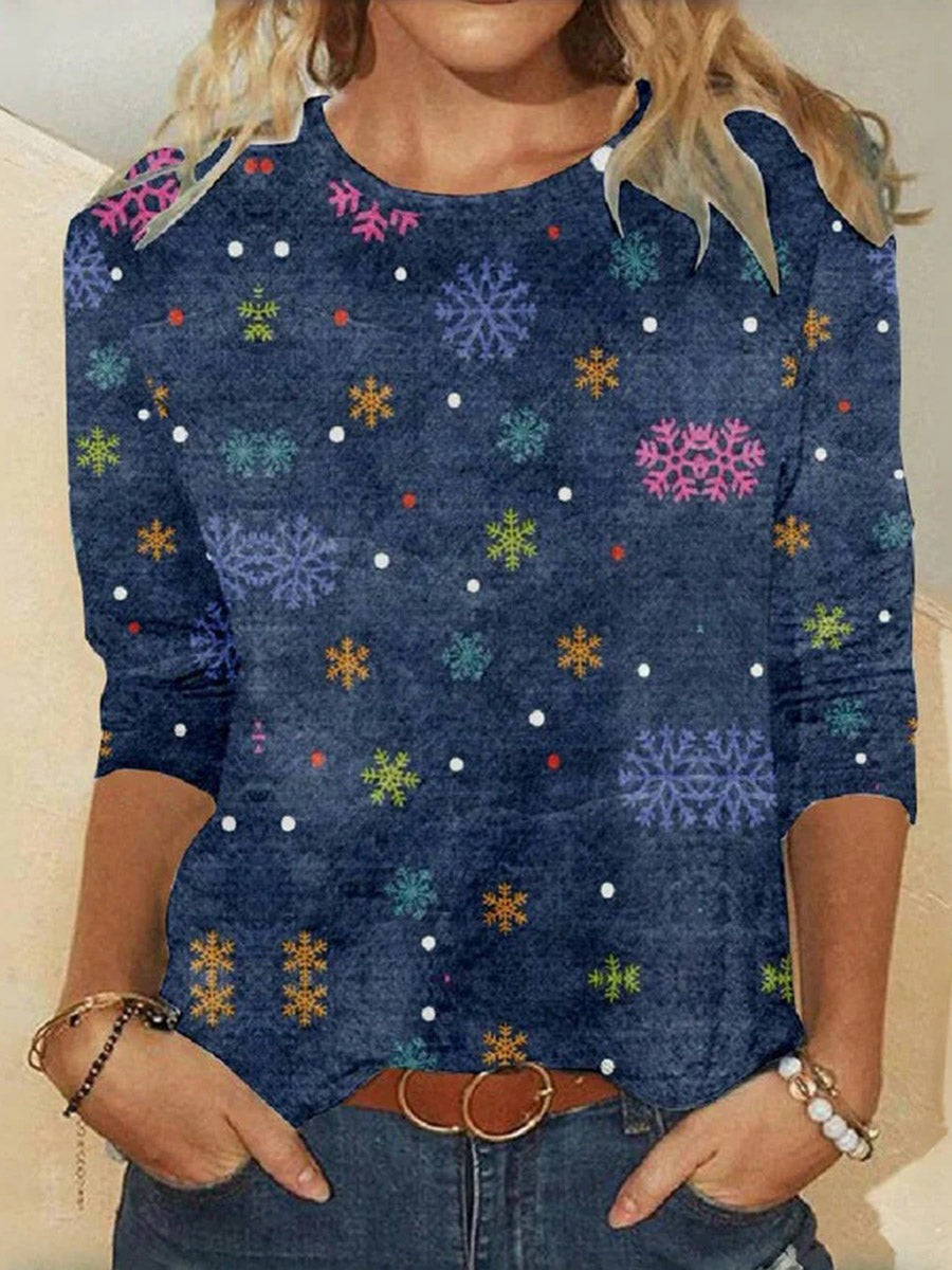 Colorful Snowflake Print Crew Neck Long Sleeve Casual T-Shirt