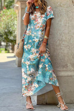 Fresh Floral Print Crew Neck Short Sleeve Comfy Vacation Maxi Dress