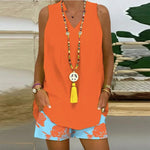 Orange Floral V-neck Sleeveless Loose Casual Two Piece Set