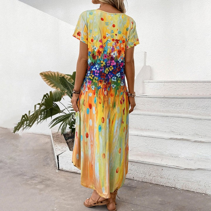 Summer Colourful Bohemian Round Neck Short Sleeve Midi Dress