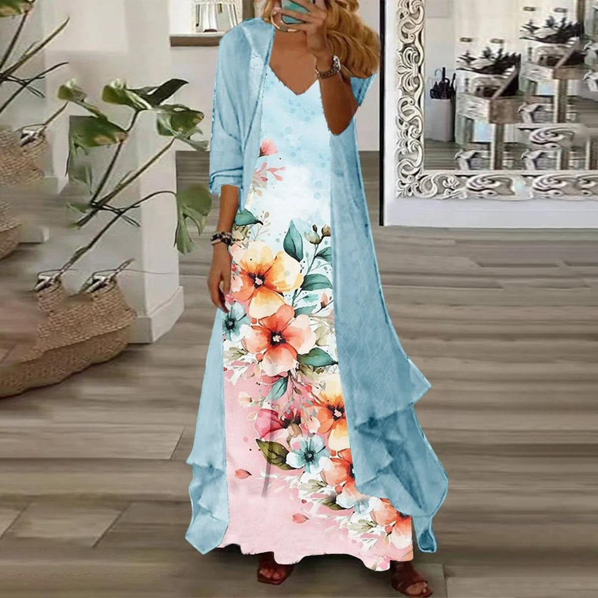 Chic Blue Floral Print V-neck Short Sleeve Maxi Dress Two Piece Set