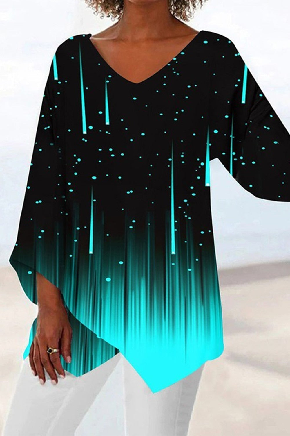 V-neck Black Graphic Tops Long Sleeve Printed Irregular Hem Blouse