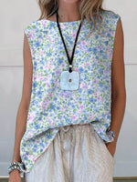 Elegant Floral Art Print Round Neck Tank Tops