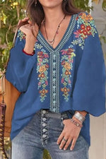 Blue Graphic Tops V-neck Long Sleeve Floral Printed Casual Blouse