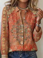 Showy Red Ethnic Print Collared Long Sleeve Loose Shirt