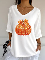 Sequined Pumpkin Print V-Neck 3/4 Sleeve Casual Loose Blouse