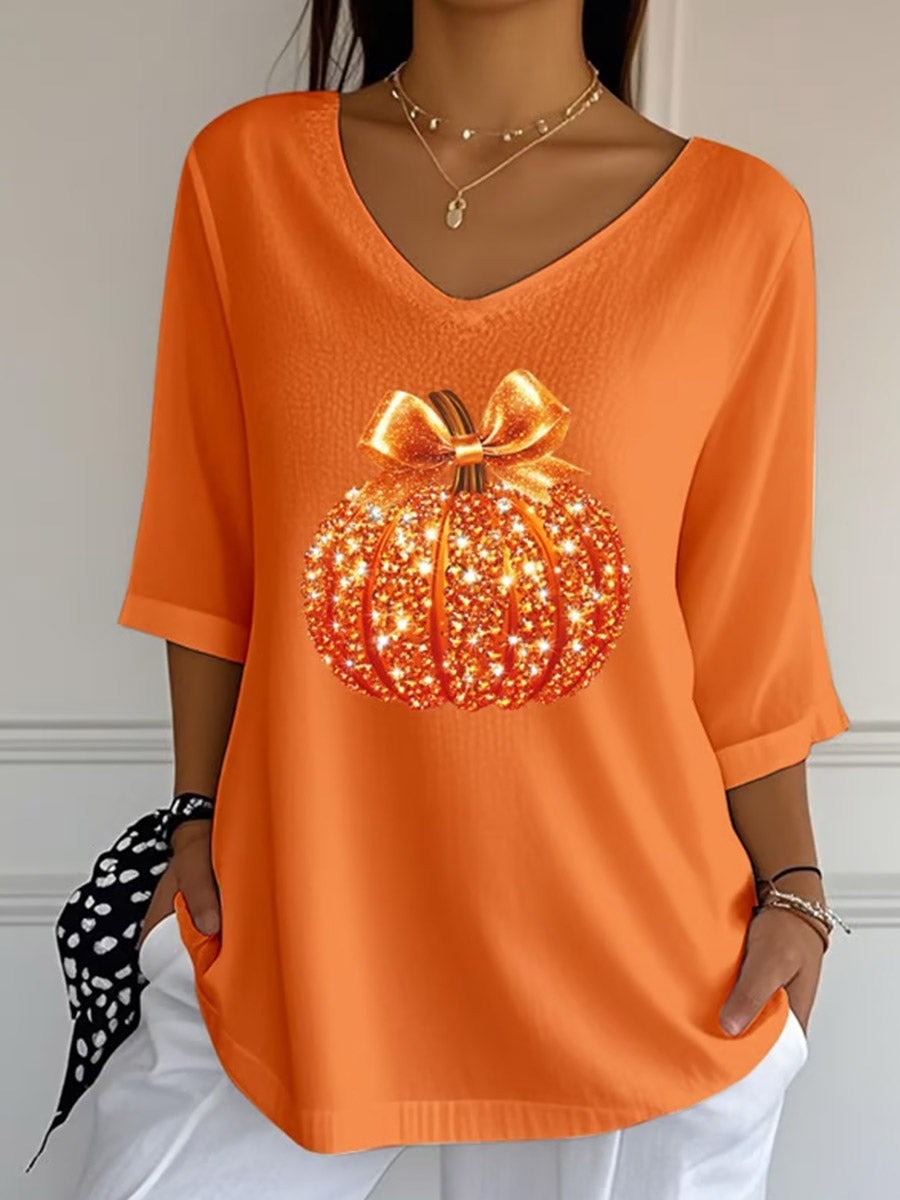 Sequined Pumpkin Print V-Neck 3/4 Sleeve Casual Loose Blouse