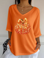 Sequined Pumpkin Print V-Neck 3/4 Sleeve Casual Loose Blouse