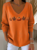 Autumn Maple Leaf and Pumpkin Print Long Sleeve V-Neck Casual Sweatshirt