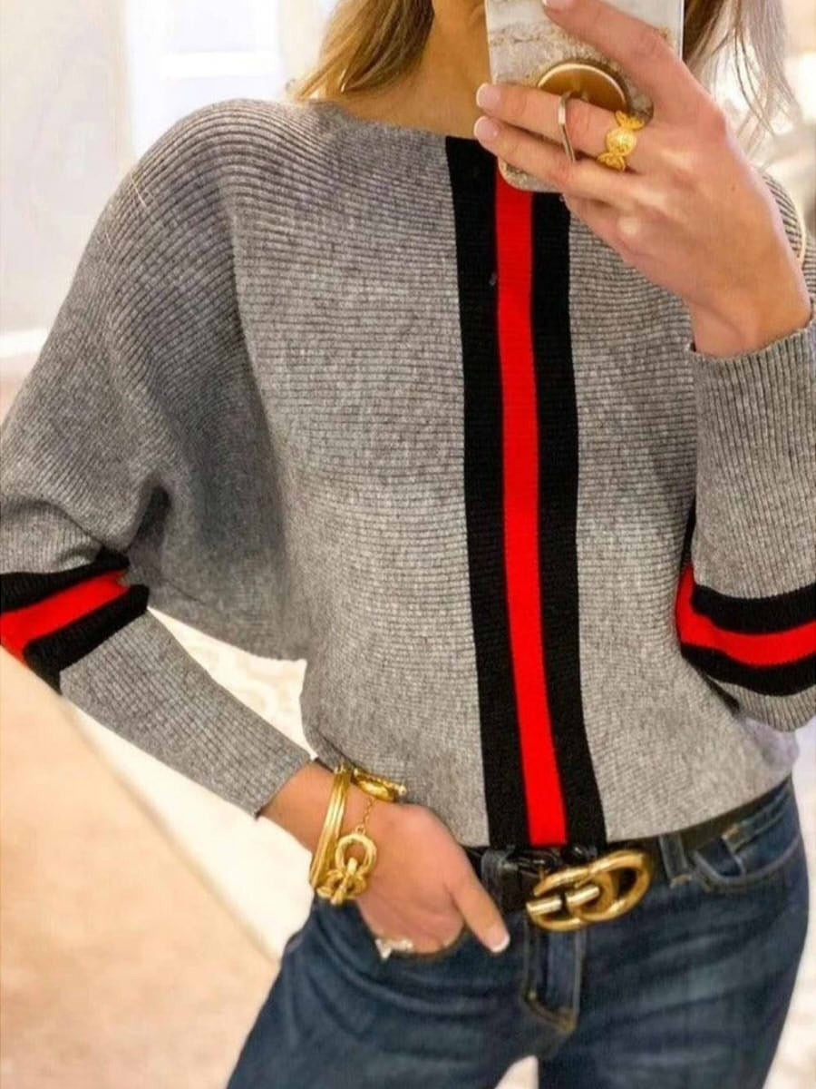 Chic Boston Red Striped Round Neck Long Sleeve Casual Sweater