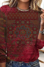 Ethnic Floral Print Crew Neck Long Sleeve Loose T-Shirt