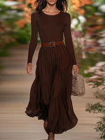 Plain Brown Round Neck Long Sleeve Maxi Dress